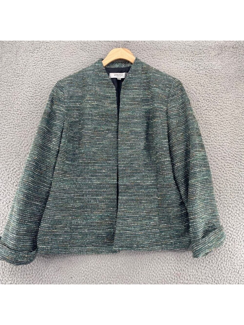 Kasper Blazer Womens 14 Green Striped Tweed Cuffed Long Sleeve Collarless Jacket